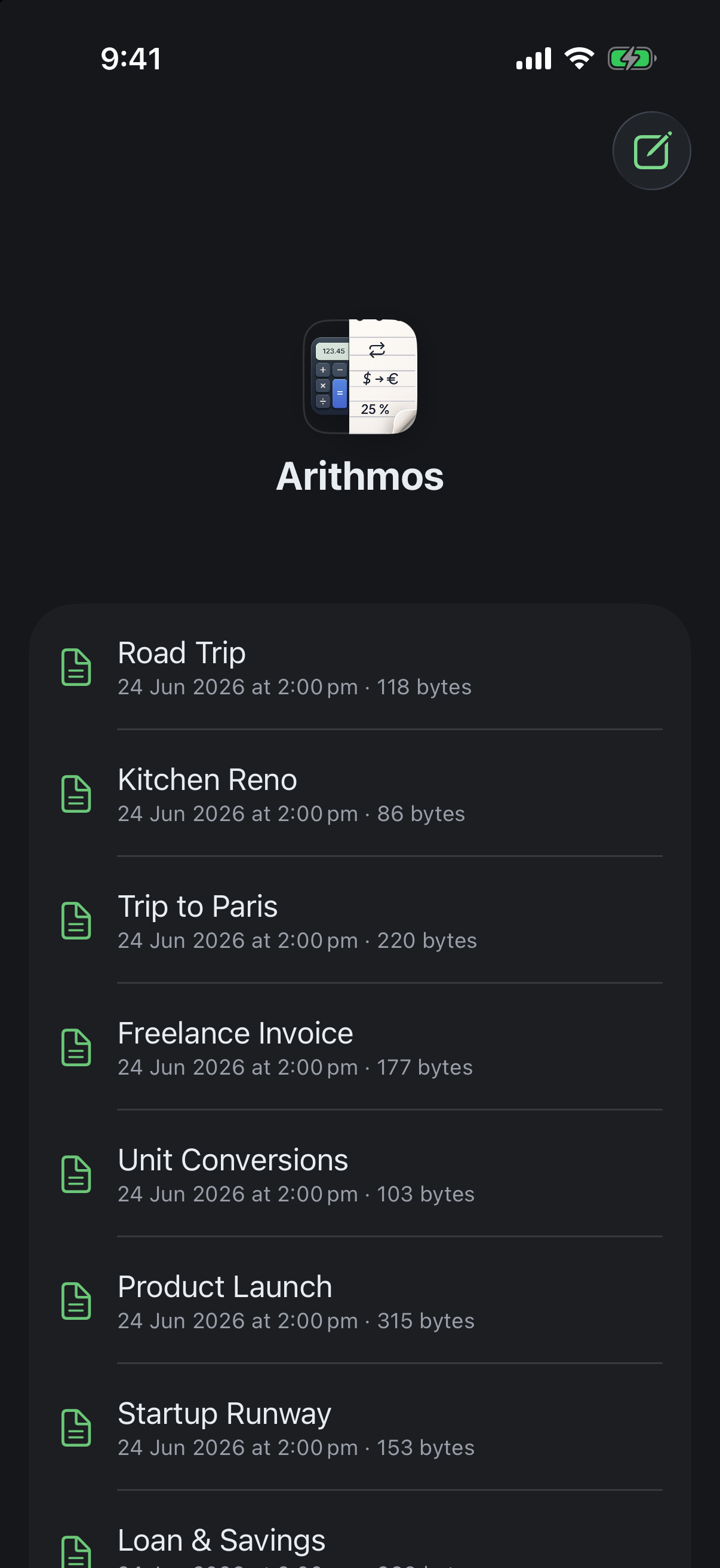 The Arithmos document browser showing your synced sheets