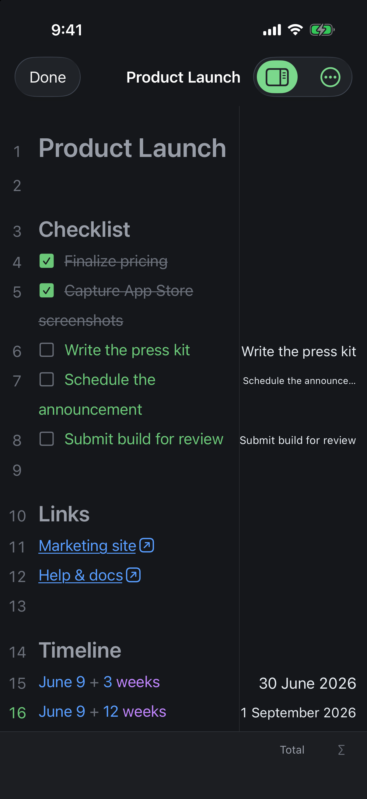 A launch checklist with headings and links