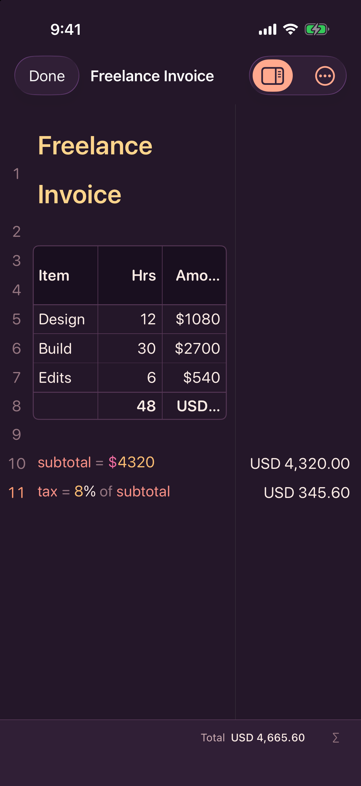 An invoice table that totals its columns